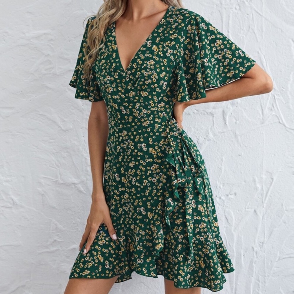 Boho floral print v neck wrap ruffle hem dress - Picture 1 of 4
